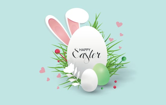 Easter Card with Egg, Bunny Ears, and Spring decor Happy Easter in Soft Tones. Postcard, frame, banner. vector