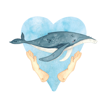Blue watercolor heart with whale and human hands, watercolor illustration. Ecological emblem for whale day for poster, children's books, print. Biology, ecology, whale, animals, ocean, heart, love png