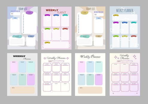 Set Of Eight Weekly And Daily Planners Outline Flat Style Modern Minimalist Design vector