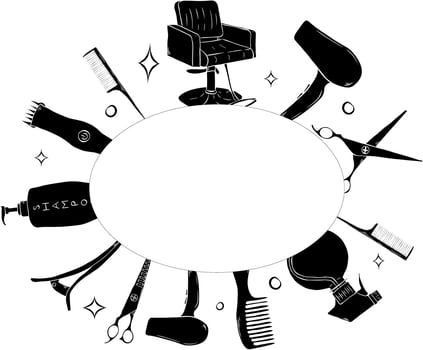 Barbershop tools oval frame. graphic line ink template illustration. Place for your text, logo design for fashion graphics, textile prints, fabrics, wallpapers. vector