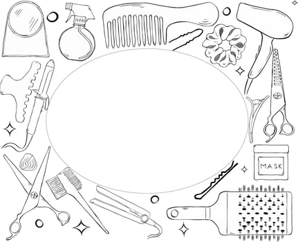 Hairdressing Hair salon items rectangle oval frame. graphic line ink template illustration. Place for your text, logo accessories for hair salon with copy space. vector