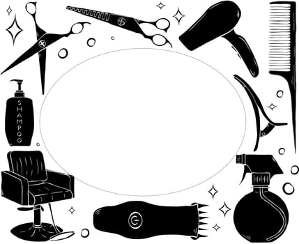 Vintage Retro Barbershop tools rectangle oval frame. graphic line ink template illustration. Place for your text, logo design for fashion graphics, textile prints, fabrics, wallpapers. vector