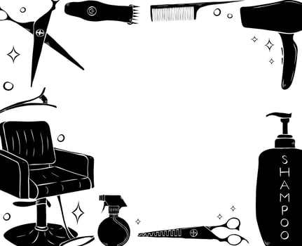 Barbershop tools rectangle frame. graphic line ink template illustration. Place for your text, logo Retro hair dryers, hairbrushes, scissors and different hair accessories. beauty salon. vector