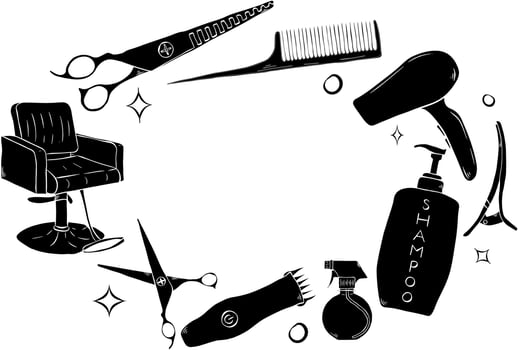 Barbershop tools oval frame. graphic line ink template illustration. Place for your text, logo For poster, invitation, backdrop, ad, sale promotion, print for t-shirt vector