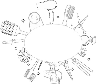 Hair salon items oval frame. graphic line ink template illustration. Place for your text, logo Banner, poster, wrapping paper, sticker, print, modern textile design. vector