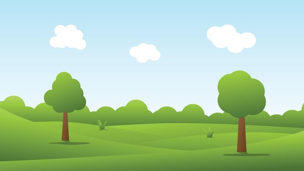 trees on green field with white fluffy cloud and blue sky scene. nature landscape cartoon background vector