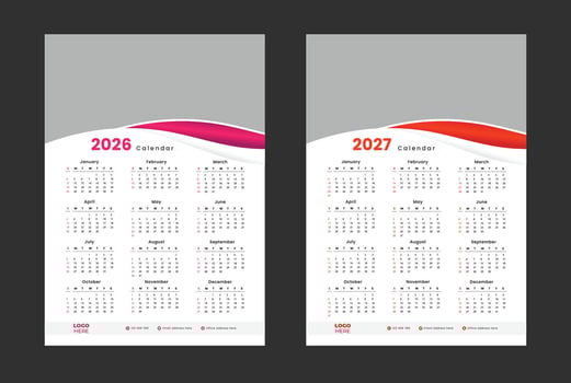 2026 and 2027 One page wall calendar design template, Minimalist style calendar, Week starts on Sunday. vector