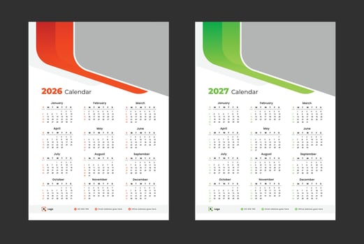 2026 and 2027 calendar template set modern design. set of one page calendar design template. Week starts on Sunday. vector