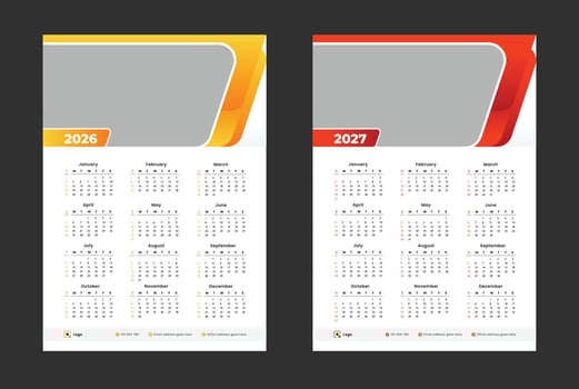2026 2027 One page wall calendar design template, Minimalist style calendar, Week starts on Sunday. vector
