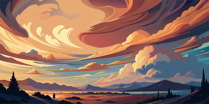 Vibrant Sunset Landscape with Swirling Clouds and Mountain Silhouettes vector