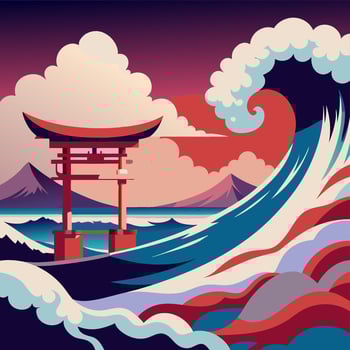 Stunning Japanese Temple with Huge Wave and Sunset Scenery vector