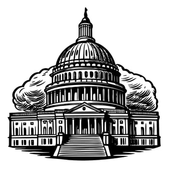 A striking black and white depiction of the United States Capitol Building with clouds surrounding its dome and columns vector