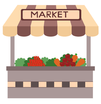 Market Stall Fresh produce market stall illustration with a yellow-striped canopy. Great for farmers market posters, organic food branding, and seasonal fair designs. png