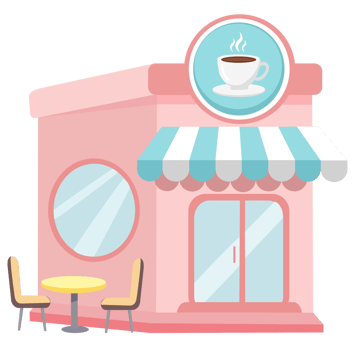 Cafe Shop Pastel with teal and pink striped awning. Ideal for bakery menus, dessert branding, and sweet-themed stationery. png