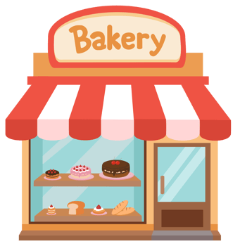 Bakery Cute bakery illustration with a bright red awning and a window display of pastries. Great for cafe menus, bakery branding, and sweet-themed artwork. png