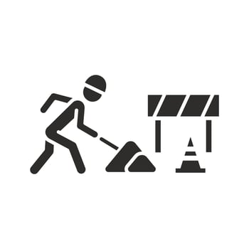 workman with shovel, road work icon, construction or maintenance, warning safety, flat illustration vector
