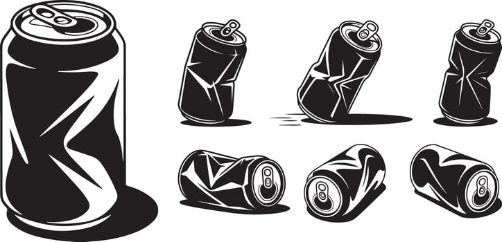 crushed soda cans set in black and white, aluminum beverage can illustrations for recycling and waste vector