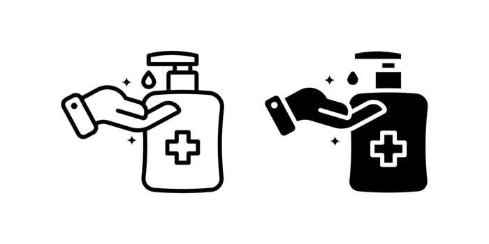 Hand Wash icon set. Illustration of hand washing with sanitizer dispenser using line art style, representing hygiene and health care concept. vector