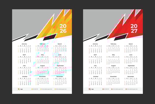 2026 2027 calendar template set modern design. set of one page calendar design with abstract shape. vector