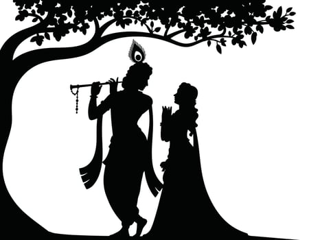 Krishna And Radha Silhouette Under Tree Playing Flute hindu gods deities vector