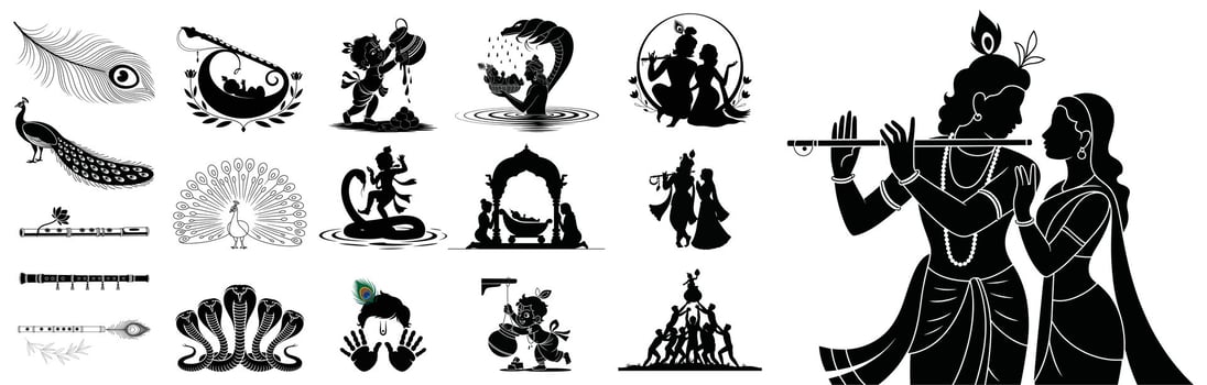 Indian Mythology Krishna Radha Peacock Flutes Cobra and Temple Arch Silhouettes Hindu vector