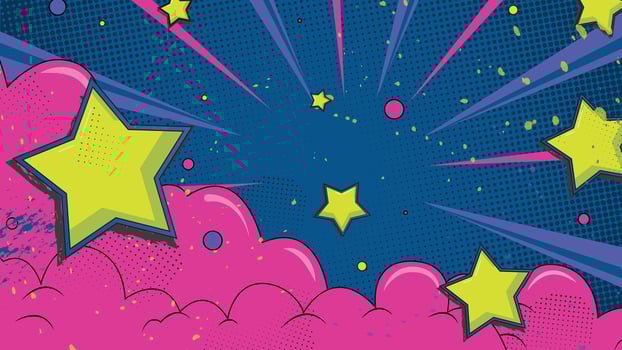 Dynamic comic style background featuring vibrant yellow stars and pink clouds on a blue halftone backdrop, perfect for creative designs and playful themes vector