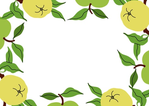 Bright apple frame illustration with green apples, leaves on white background. Space for text. Perfect for invitation, autumn promotion, and farmers market ads. Flat illustration. vector
