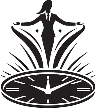 Powerful businesswoman emerging from a clock symbolizing time management and success vector