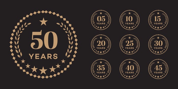 Anniversary Badges 5, 10, 15, 20, 25, 30, 35, 40, 45, 50 Years Gold Design Set vector