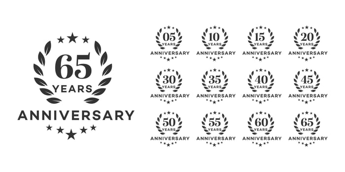 Anniversary Logos 5, 10, 15, 20, 30, 35, 40, 45, 50, 55, 60, 65 Years Set vector