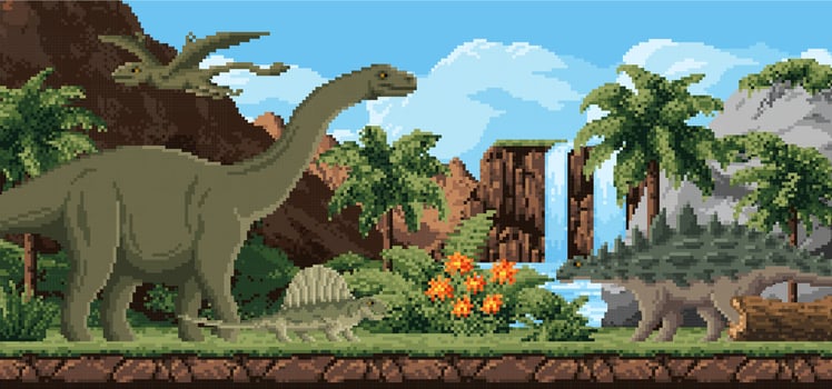 Pixel art dinosaurs in vibrant landscape vector