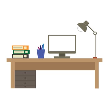 Minimalist flat lay showcases a wooden office desk setup with a monitor and lamp, transparent vector