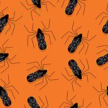 seamless Halloween pattern with black spiders on orange background. For Halloween holiday decorations, packaging, gifts, candies, posters, postcards, textiles, printing vector