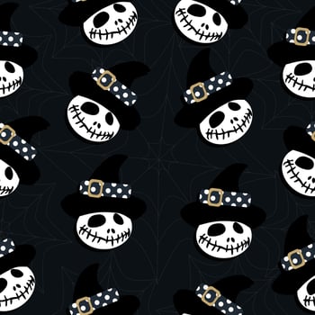 seamless pattern for Halloween. Skull, ghost in witch hat, cobweb on black background. For Halloween holiday decorations, packaging, gifts, candies, posters, cards, textiles, printing vector