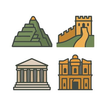 Simple Line Landmark Historical Building Structure Travel Attraction Icon Set vector
