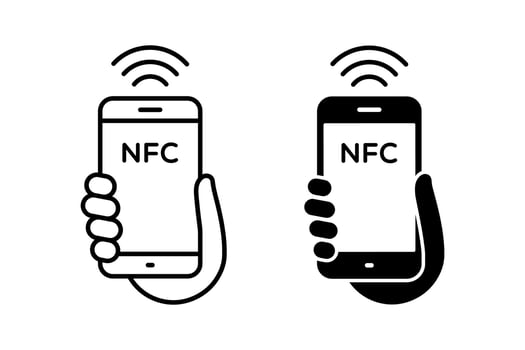 NFC payment icon. NFC payment logo. Hand holding Phone. Contactless wireless pay sign logo. NFC technology icon. vector