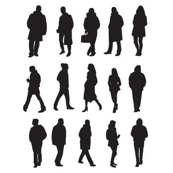 Silhouettes of various people, casual and trendy outfits, social interaction, lifestyle concept, versatile use for creative projects. Group of professional silhouettes in a row. vector