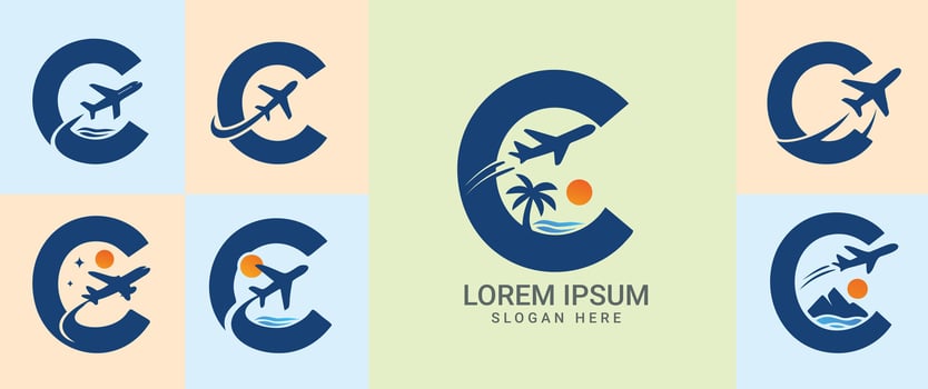 Letter C Travel Airplane Logo Tropical Sun Palm Wave Set vector