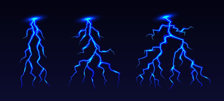 Lightning with a bright glow. Thunderstorm lightning set. Set of lightning strike bolt silhouettes. vector