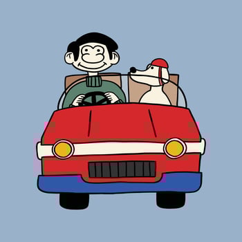 man driving car with dog retro comic cartoon character illustration vector