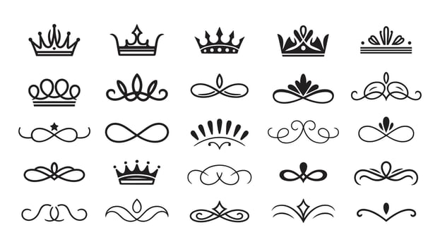Collection of Black Crowns and Decorative Flourishes on White Background royal regal vector