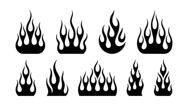 Eight Black Silhouette Flame Designs on White Background fire vector