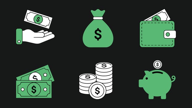 Green and White Money and Finance Icons on Black Background cash dollar vector