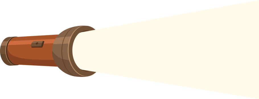 Cartoon-style image of a handheld light source emitting a bright beam of light into the surrounding dark. png