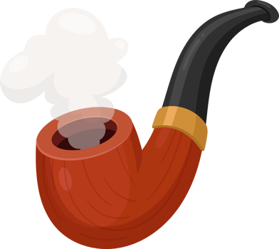 A classic smoking pipe with a curved stem, crafted from polished wood, emitting a plume of smoke gracefully. png