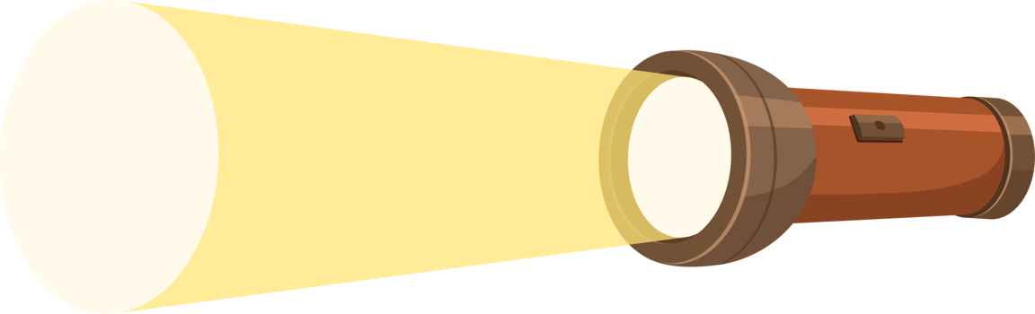A cartoon illustration shows a brown flashlight emitting a bright, focused beam of yellow light forward. png