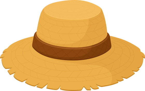 A woven straw hat with a brown band and wide brim, perfect for sun protection. Rustic and charming style. png