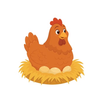 A cartoon-style hen with brown feathers and a red comb is sitting on a nest made of hay and a few eggs. The background is plain white for easy isolation. vector