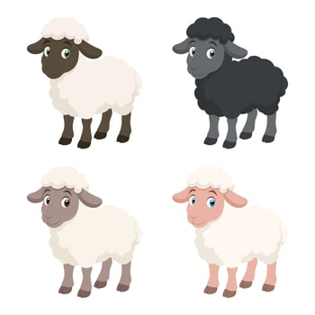 This image features a collection of four cartoon sheep, each with a unique color palette. They are positioned against a clean white backdrop, with different eye and fur colors. vector