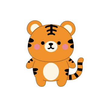 Playful cartoon tiger with a happy expression, orange fur, and black stripes, isolated on white background. Perfect for wildlife illustrations, kids books, and stickers. vector